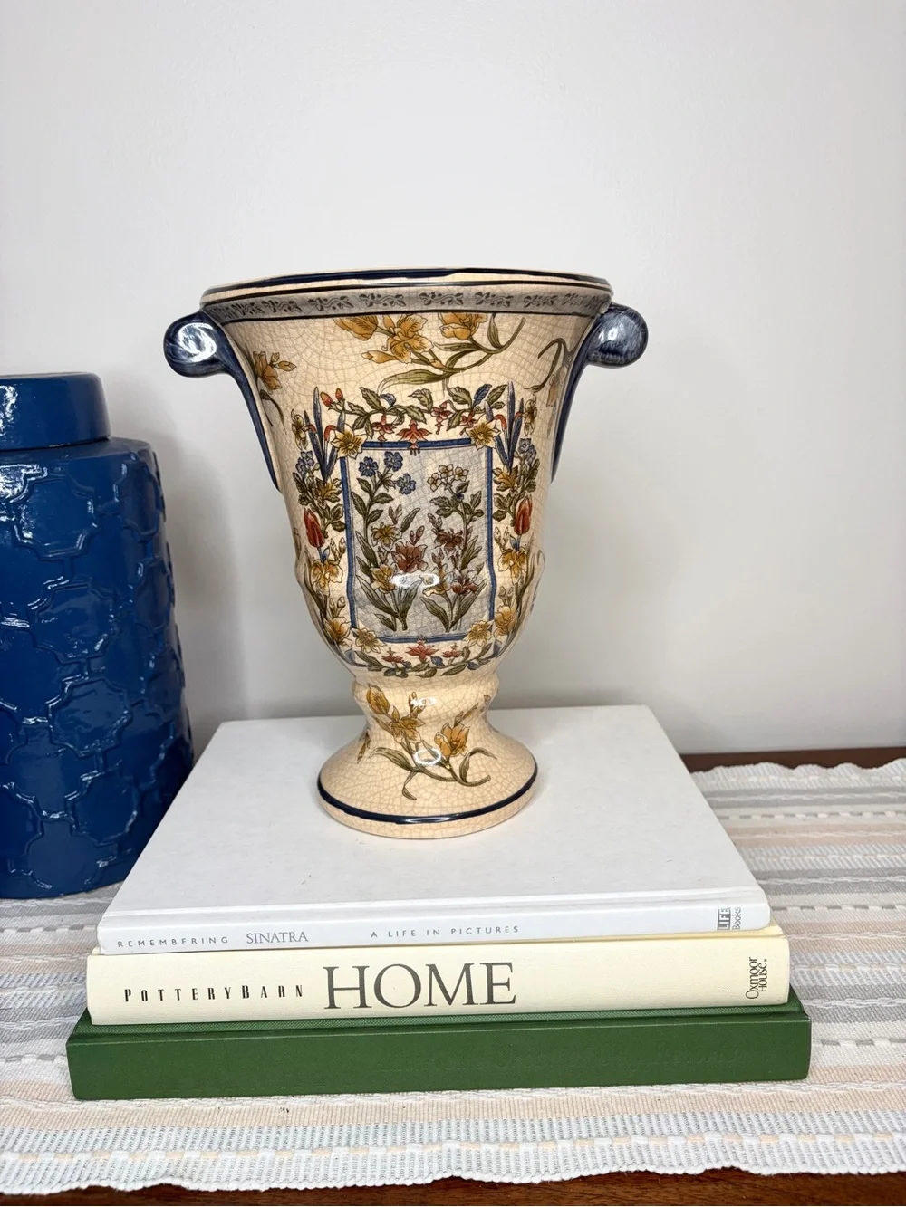 Vintage Decorative Floral Ceramic Urn Vase in Cream Crackle Glaze Finish